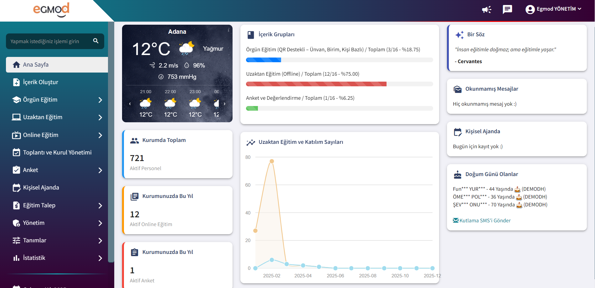Egitim Modulu dashboard ekrani
