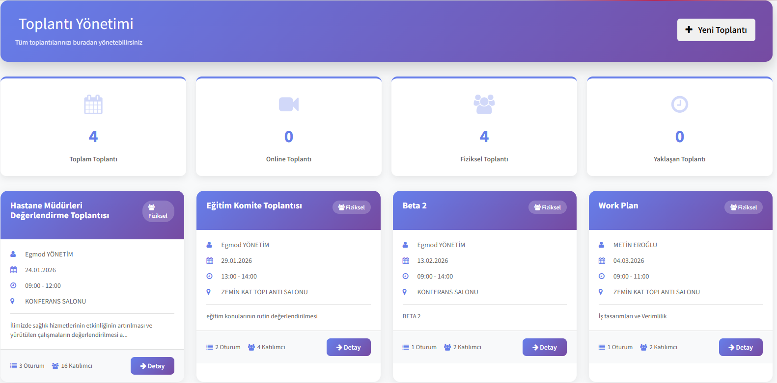 Toplanti Modulu dashboard ekrani
